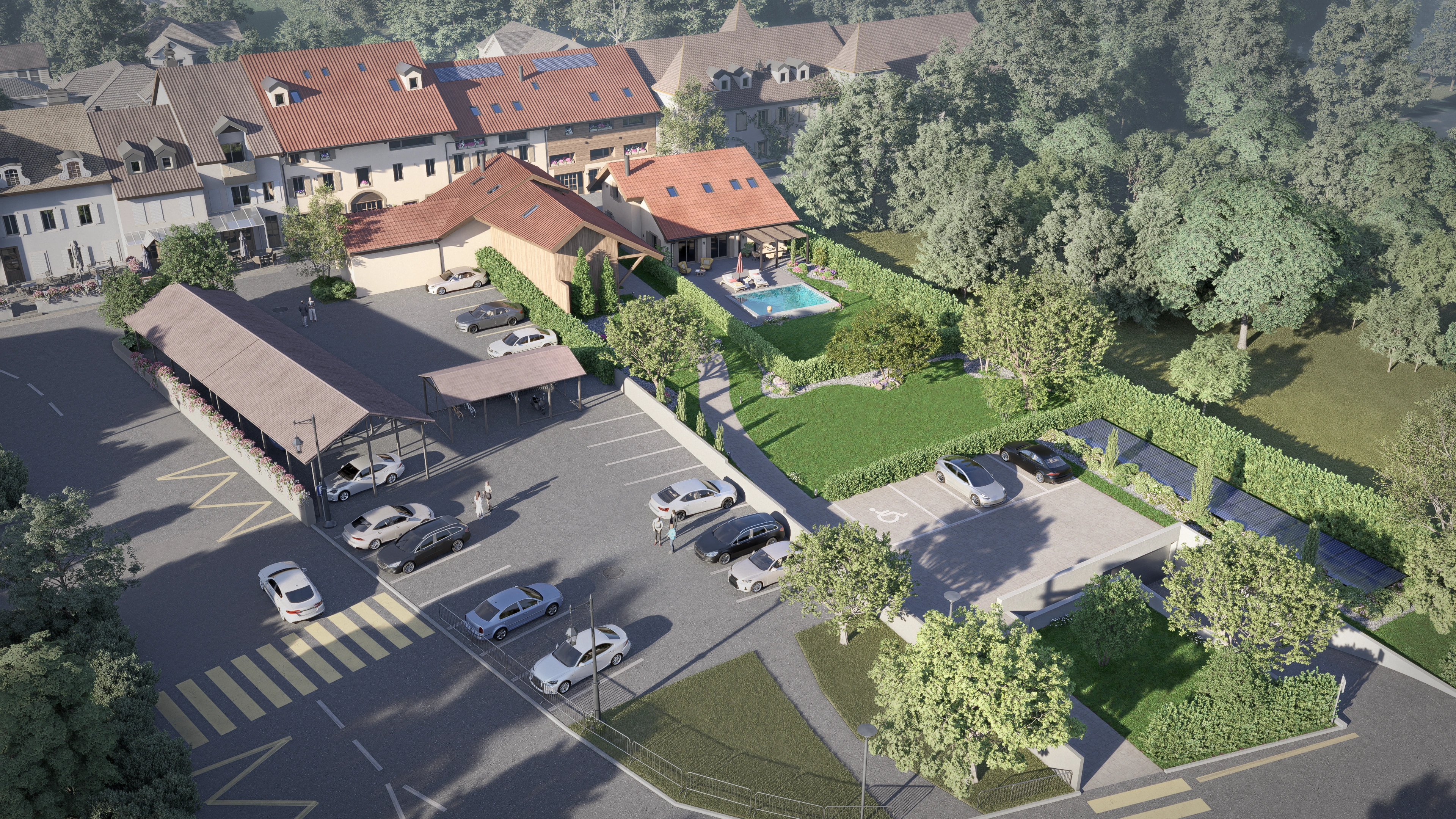 Visualisation aérienne du projet Vieux-Collège et de ses aménagements paysagers à Chéserex