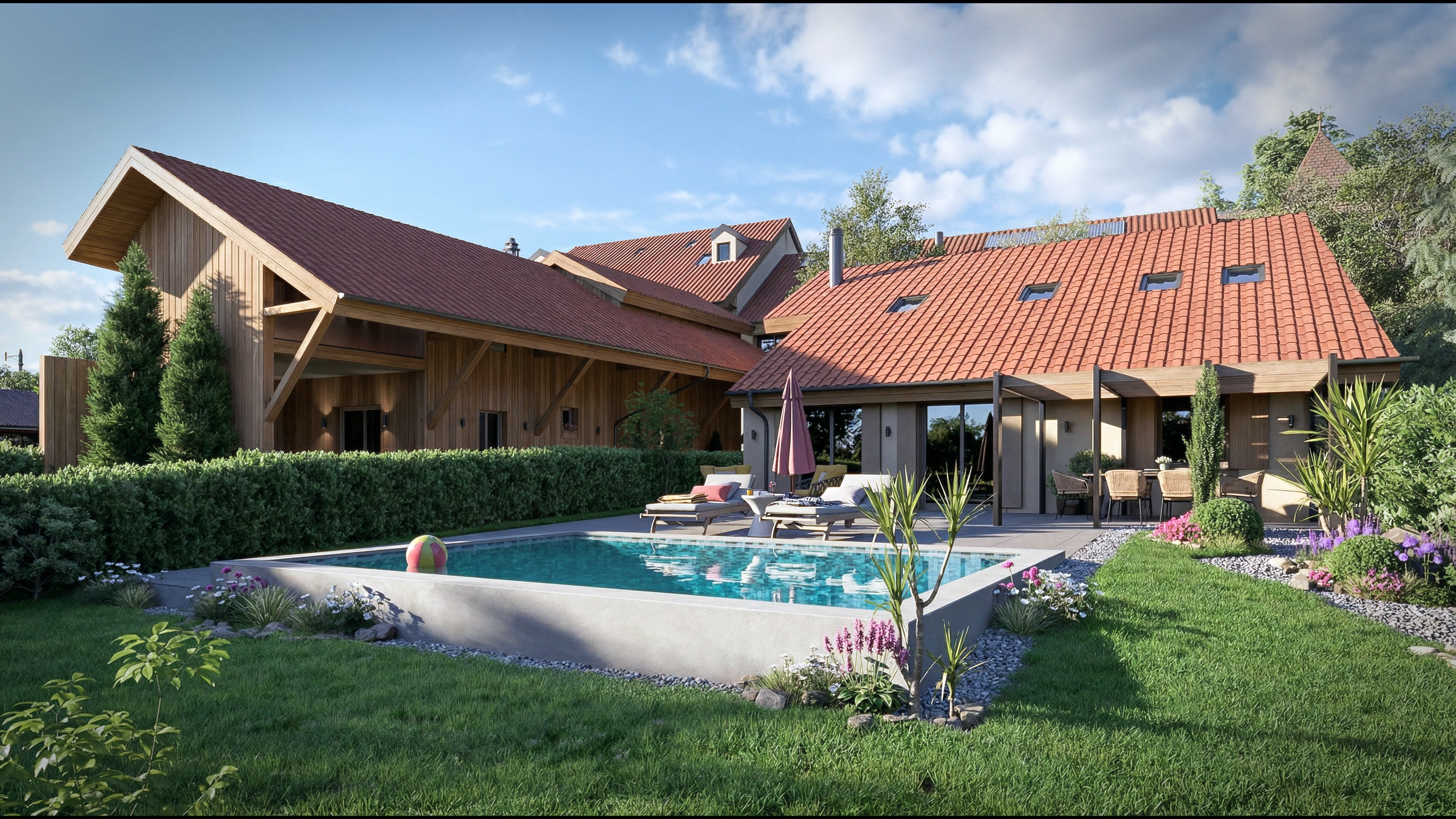 Visualisation d’un logement du projet Vieux-Collège avec jardin, terrasse et piscine